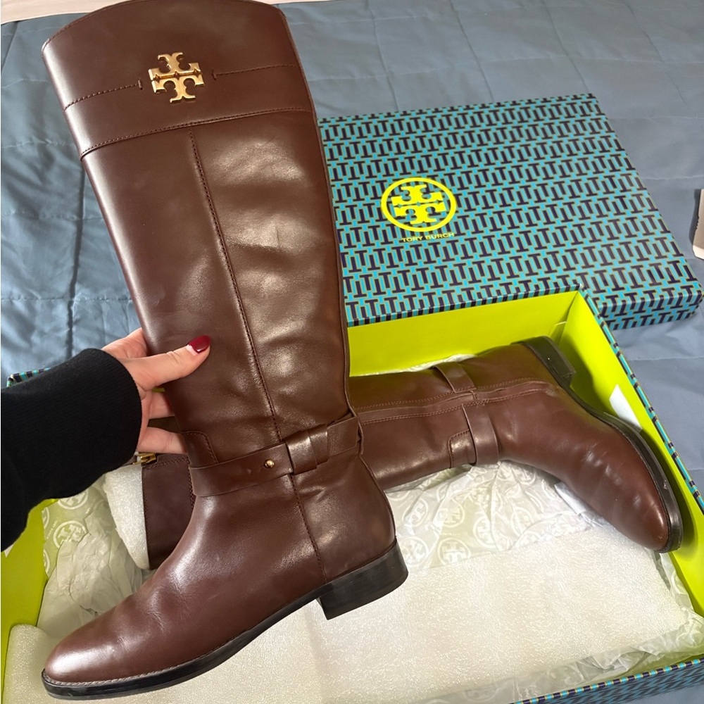 Tory Burch Everly Chestnut Brown Leather Knee-High Riding Boots Worn A Few Times